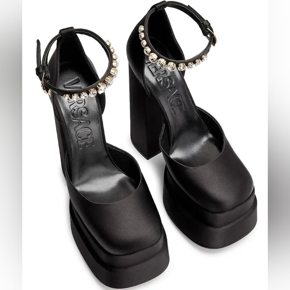 NEW Versace medusa Aevitas Satin platform Black  pumps 38.5